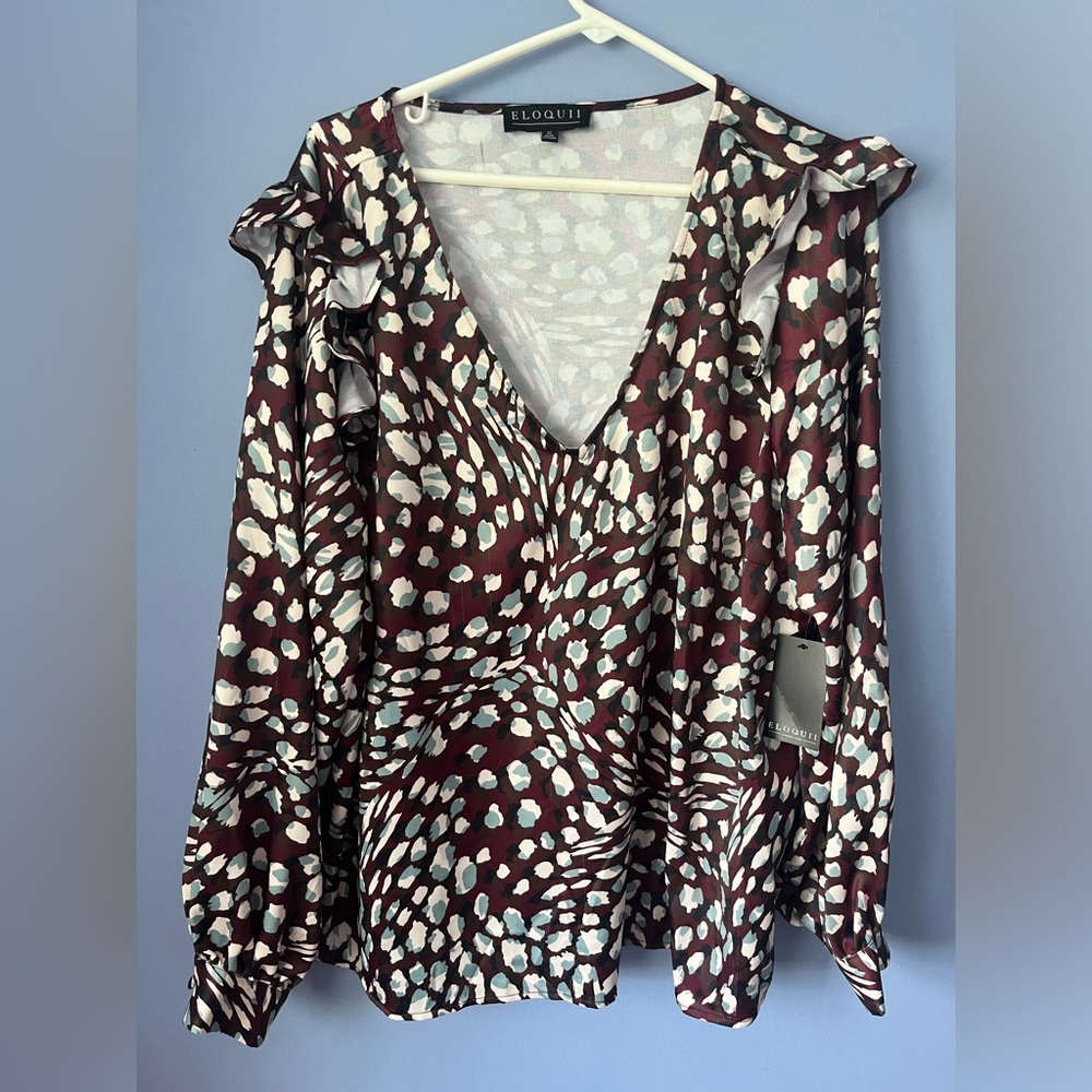Eloquii Long Sleeve Blouse Top Ruffle Flutter V Neck Printed Abstract Artsy 22